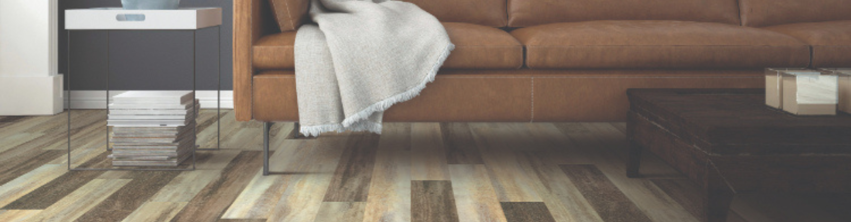 Multi toned wood planks in a grey living room