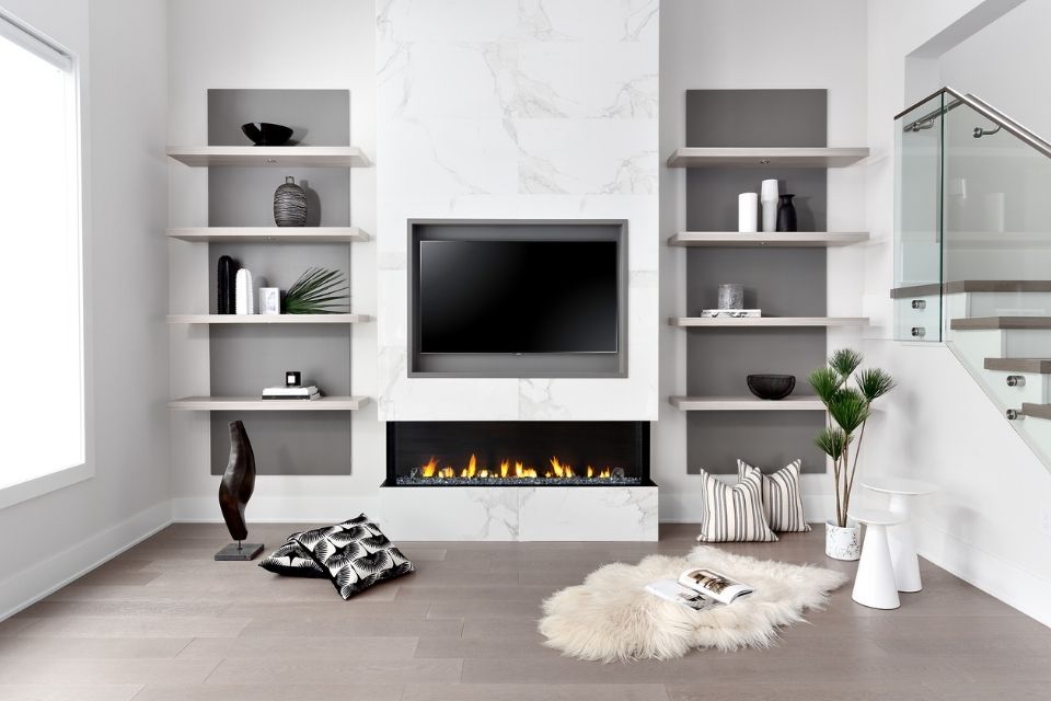 Modern fireplace with marble and minimalist design