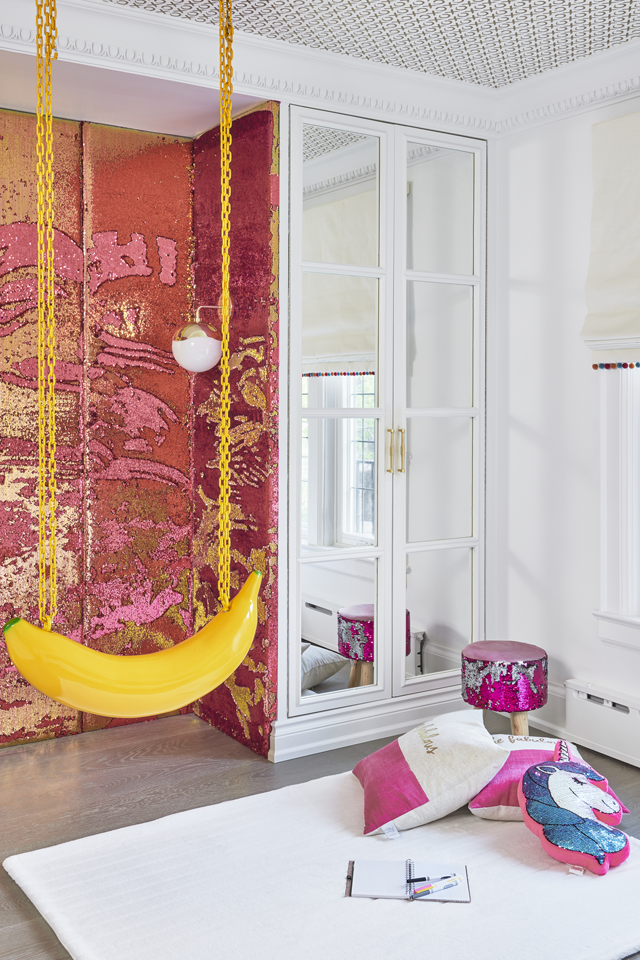 banana swing with sequin wall in child's room Interior Design by Sara Bederman
