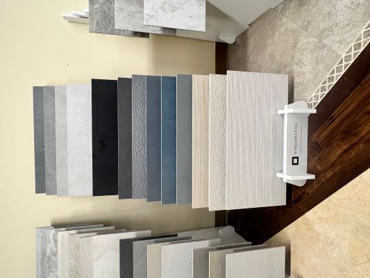 Textured tiles in greys and beiges. 